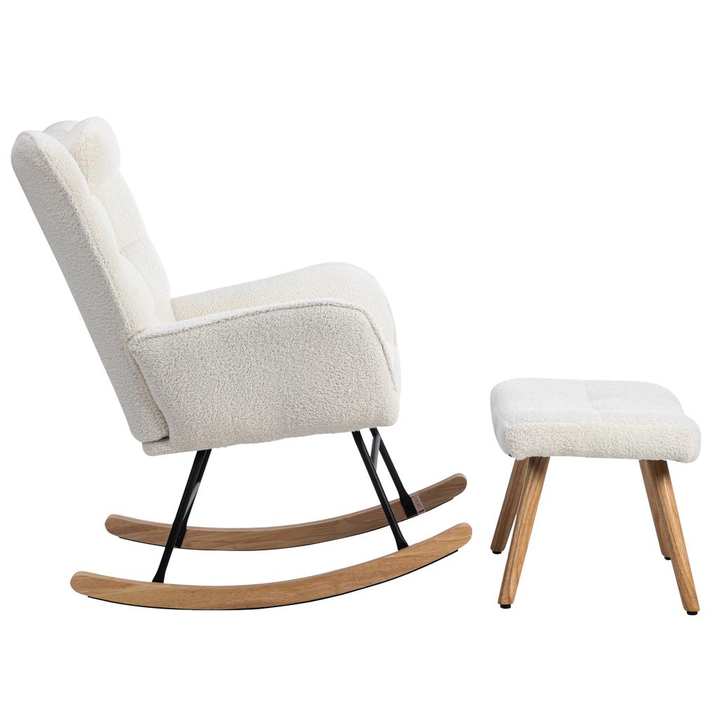 Ergonomic 92 cm High White Rocking Chair, Seat Width 65 cm - incl. 1 Pillow and 1 Footstool (49*38*38 cm), Rubberwood Base, Max. Load Capacity 250 lbs