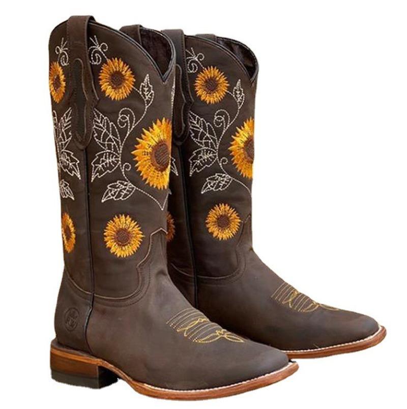 Stivali da Donna Ricamati Stampa Glitter Stivali Western da Cowgirl Punta Retro Mezza Gamba Tacco Grosso Stivali Stile Romano Botas Femininas