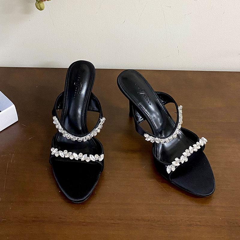 Fashion Luxury Fashion Thin Heels Women Pumps Slides Shoes Rhinestones Female Slip On Footwear Round Toe Ladies Heeled Shoes Sandals