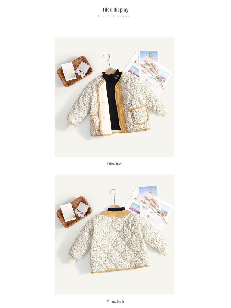 2023 Korean Style Girls' Floral Quilted Corduroy Winter Jacket