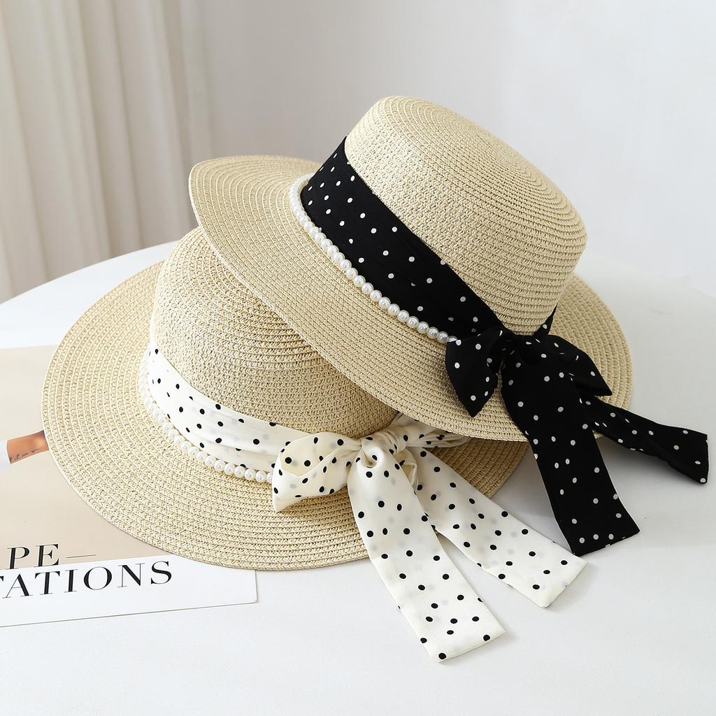 French elegant polka dot bow streamer pearl straw hat women's summer big brim sun hat seaside outing beach hat