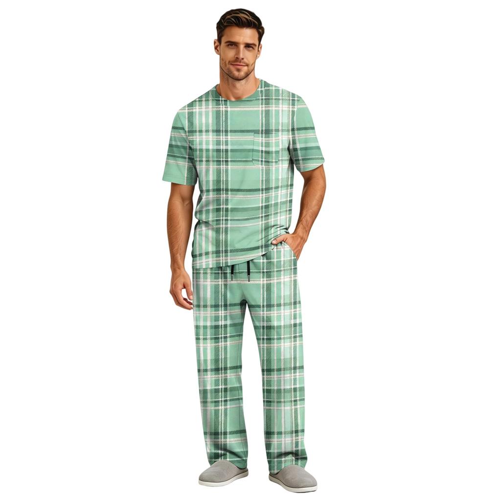 Men's Short Sleeve Pajama Set with Button Fly and Elastic Drawstring Waist for Sleepwear