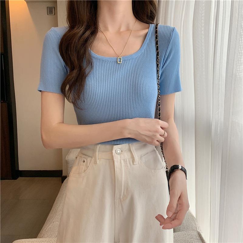 Fashion Ice Silk Short Sleeved Knitted Women's T-shirt Spring Summer New Slim Fit Thin Pullover Bottomed Sweater Women's Short Top Women's Clothing