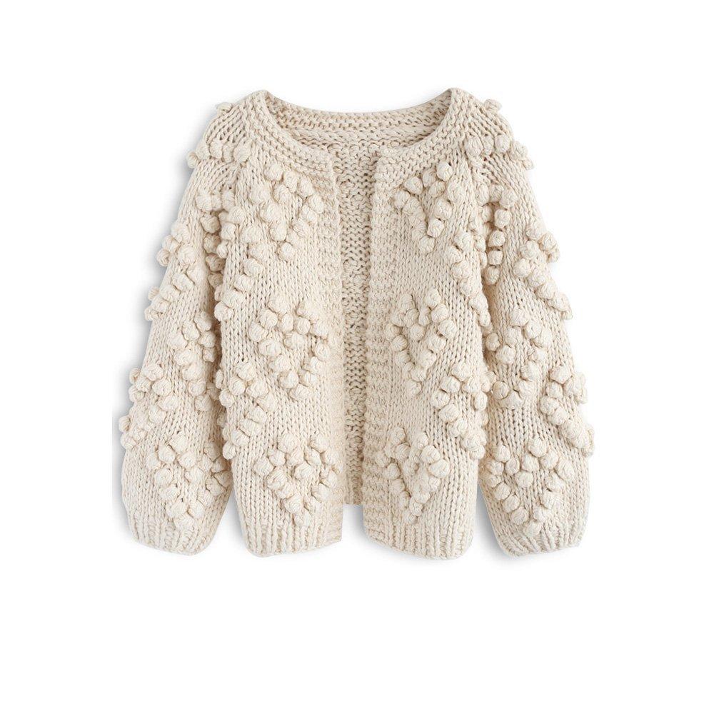 Chicwish Heart Knit Ivory Pom-Pom Cardigan,