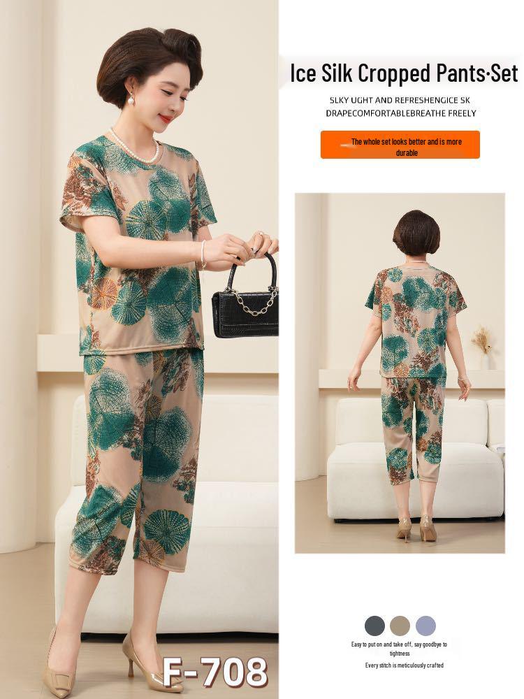 Women's Plus Size Ice Silk Pajama Set: Casual Short Sleeve Two-Piece for Middle-aged and Elderly Moms
