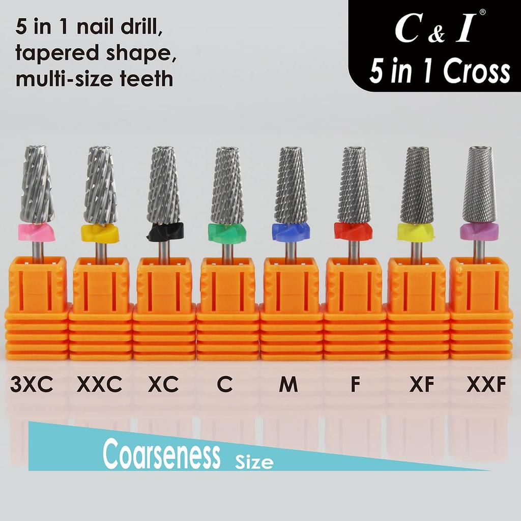C & I 5 in 1 Multi-function Tapered Shape Nail Drill, Cross Teeth Edition, Professional Drill Bit for Nail Manicure Machine (Double Fine - XXF)