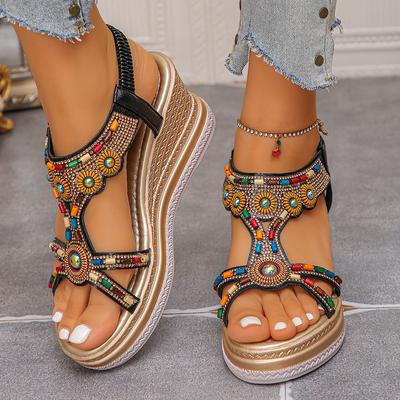 Women's Colorful Beaded Bohemian Wedge Sandals Thick Sole Non Slip Summer Beach Shoes Woman Retro Flower Chunky Platform Sandals
