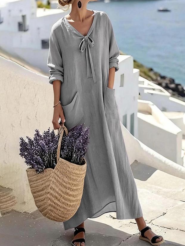 

2026 Elegant Summer Women s V-neck Dress with Bow and Pockets S сірий колір