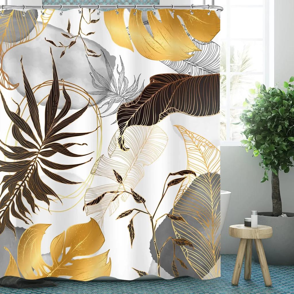 Green Hawaii Tropical Shower Curtain Green Gold Tropical Leaves Plant Fabric Bathroom Curtain Botanical Jungle Bath Curtain Set