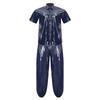 S-3XL Men Waterproof Tracksuit Short Sleeve Front Button Lapel T-Shirt with Elastic Waistband Jogging Pants for Sauna Sweat Rainwear