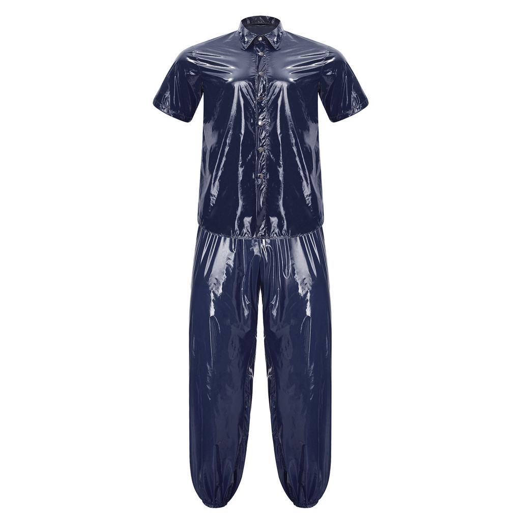 S-3XL Men Waterproof Tracksuit Short Sleeve Front Button Lapel T-Shirt with Elastic Waistband Jogging Pants for Sauna Sweat Rainwear