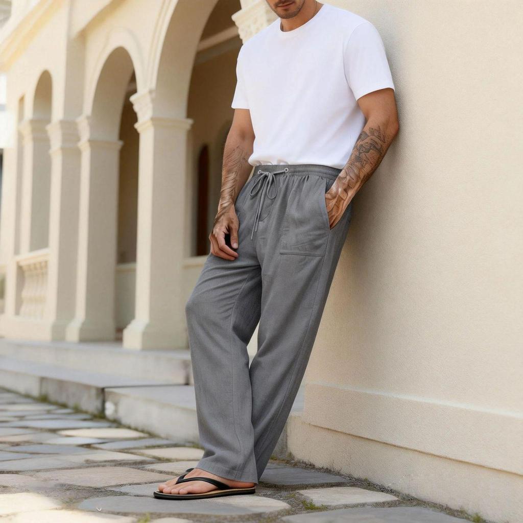 2026 Casual Men's Loose Summer Breathable Beach Pants with Drawstring and Straight Leg Design in Solid Colors.