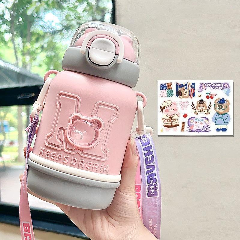 480ml Cute Bear 304 Stainless Steel Kids Thermos Bottle, Kawaii Vacuum Water Cup with Straw and Strap for School