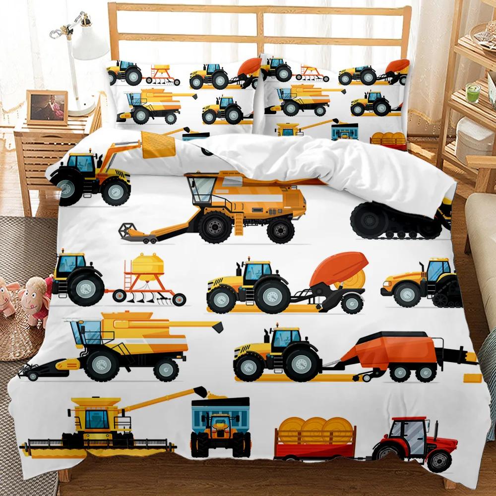 Engineering Car Duvet Cover Construction Vehicle Bedding Set Boys Excavator Dump Truck Cement Mixer Roller Polyester Qulit Cover