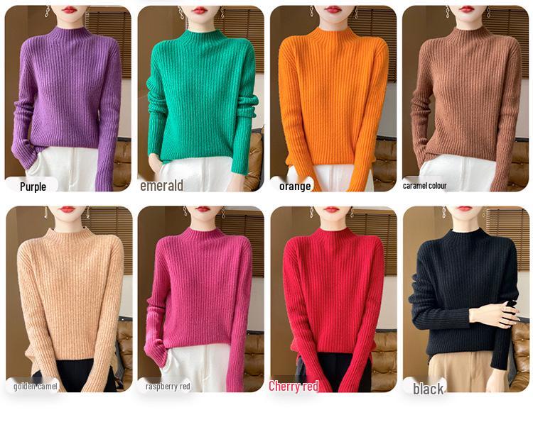 Women's 100% Pure Wool Half-High Collar Thick Knit Sweater - Warm Autumn/Winter Base Layer Pullover