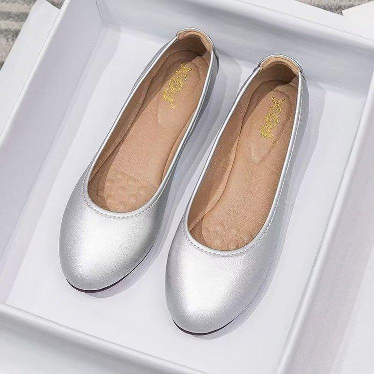 Shoes silver comfortable long standing not tired feet leather shoes flat shoes soft sole worker shoes round head single shoes flight attendant