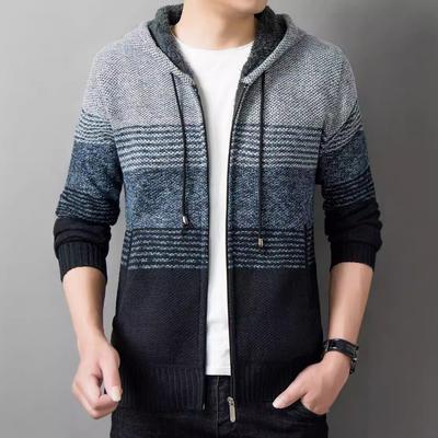 Men'S Fleece Cardigan Sweater Large Size Jacket Hooded Color Matching Long Sleeve Autumn Men