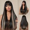 European and American Style Women Long Straight Wig with Blunt Bangs Front Lace Heat Resistant Synthetic Fiber Ombre Gray Wigs