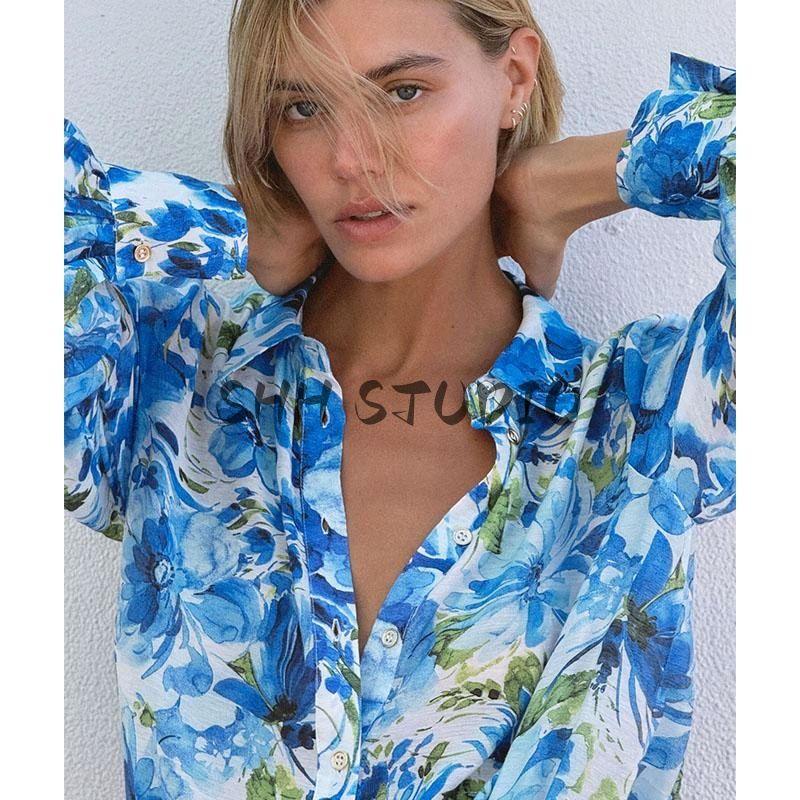 Spring New Women's Clothing Flower Print Fashion Vertical Lapel Long Sleeve Shirt 5029055 5029053
