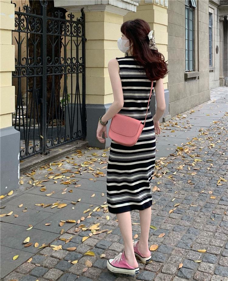 2025 Korean Style Chic Striped Sleeveless Midi Vest Dress for Women - Slim Fit