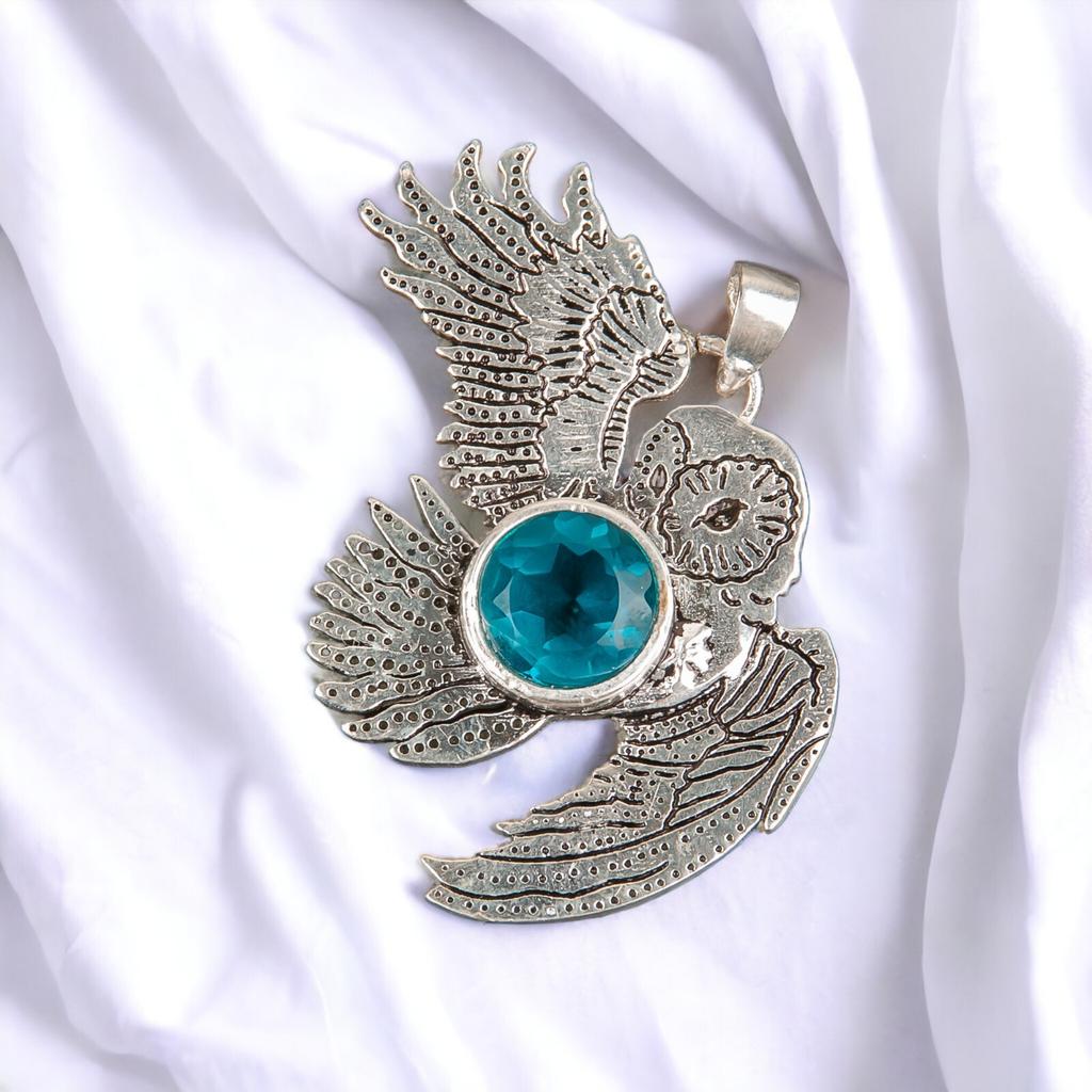 925 Sterling Silver Multi Gemstone Owl Designer Good Luck Jewelry Pendant 1.3" CP-16