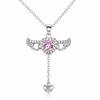 Certified S999 Fine Silver Angel Wings Necklace, Cupid's Heart Pink Crystal Y-Drop Pendant, Fairycore Romantic Jewelry Gift for Her