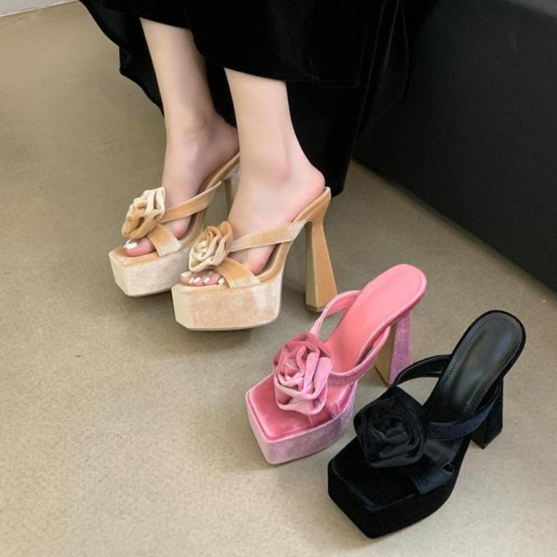 Fashion Chunky Platform Woman Slippers Velvet Rose Open Toe Wedding Banquet Sandals 13CM High Heels Slide Shoes Sandalias De Mujer
