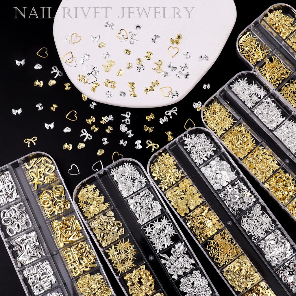 Japanese Bow Strip Box, Gold And Silver Nail Art Rivets, Half A Piece, Round Beads, Small Rice Grains, Butterfly Metal Nail Patch.