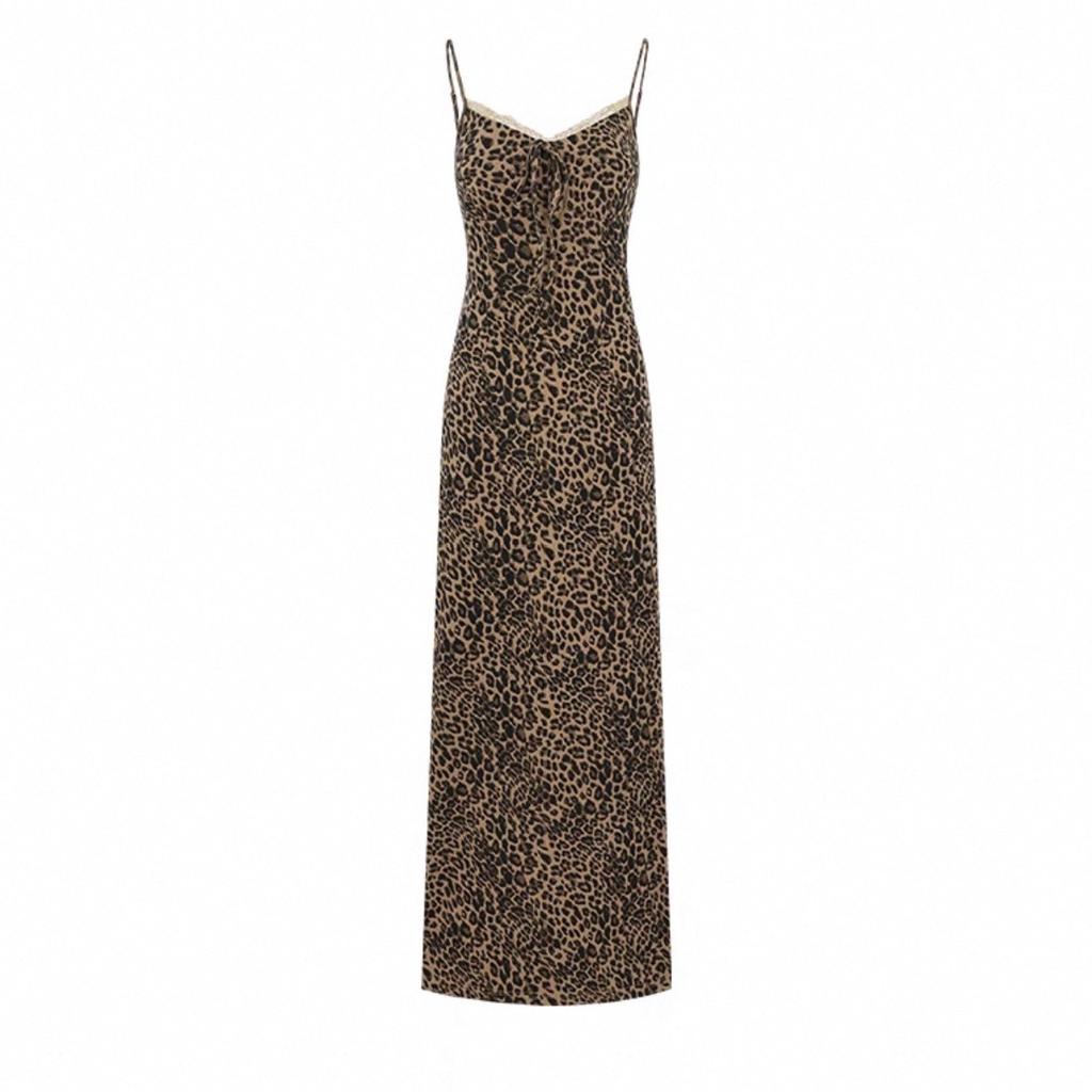 Leopard print suspender dress women's summer new retro fat MM belly cover waist thin long dress holiday style