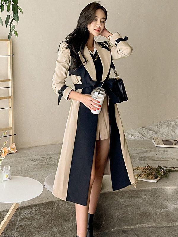 2026 British-Style Women's Windbreaker: Korean Suit Collar, Color-Block Belted Jacket