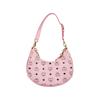 MCM Pink Visetos Leather Hobo Crescent Shoulder Bag with Gold Chain Hardware for Daily Use