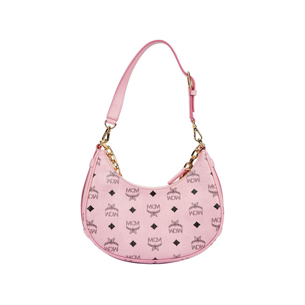 MCM Pink Visetos Leather Hobo Crescent Shoulder Bag with Gold Chain Hardware for Daily Use