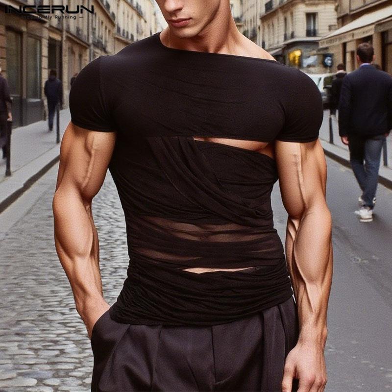 INCERUN Men Cutout Short Sleeve Irregular Patchwork Mesh Fitted T-shirts Tops