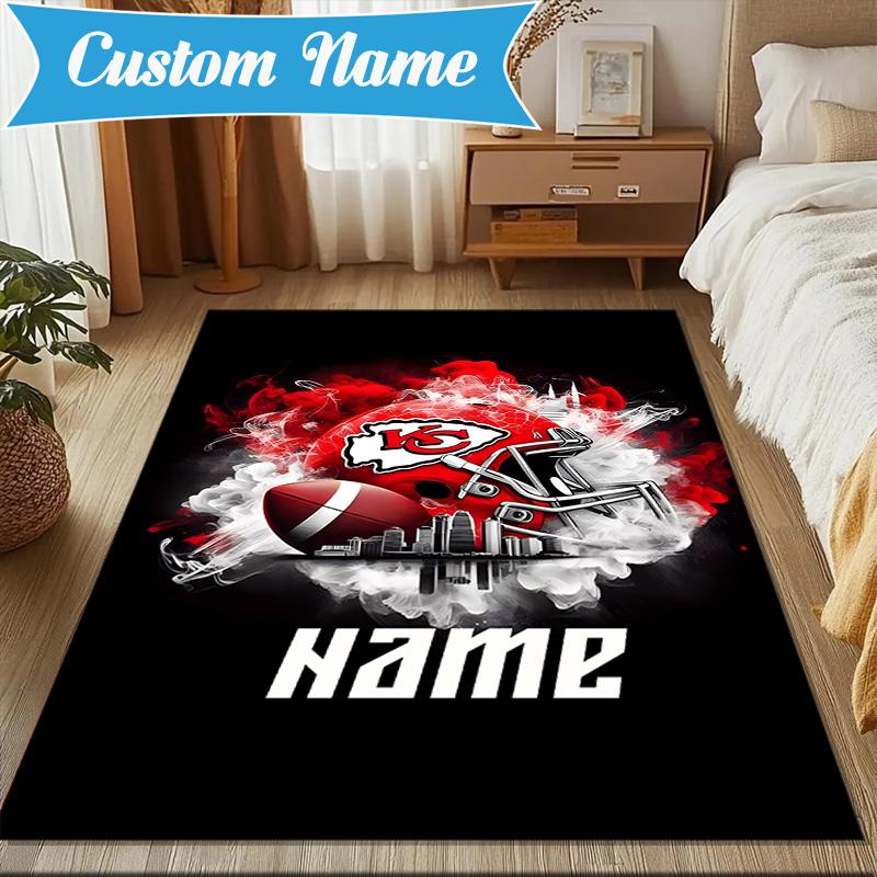Custom Name Kansas Chiefs Helmet Rug Game Carpet, Floor Mat for Bedroom Living Room Entryway Rug, Home Decor Idea Gift for Christmas birthday