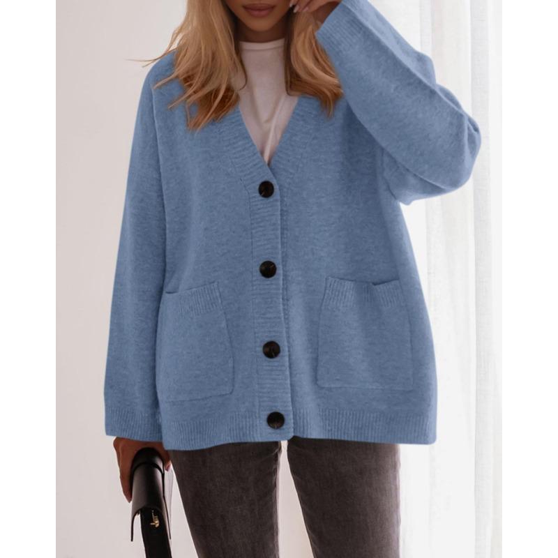 Women Solid Color V Neck Button Up Loose Long Sleeve Knit Cardigan Sweater Coat