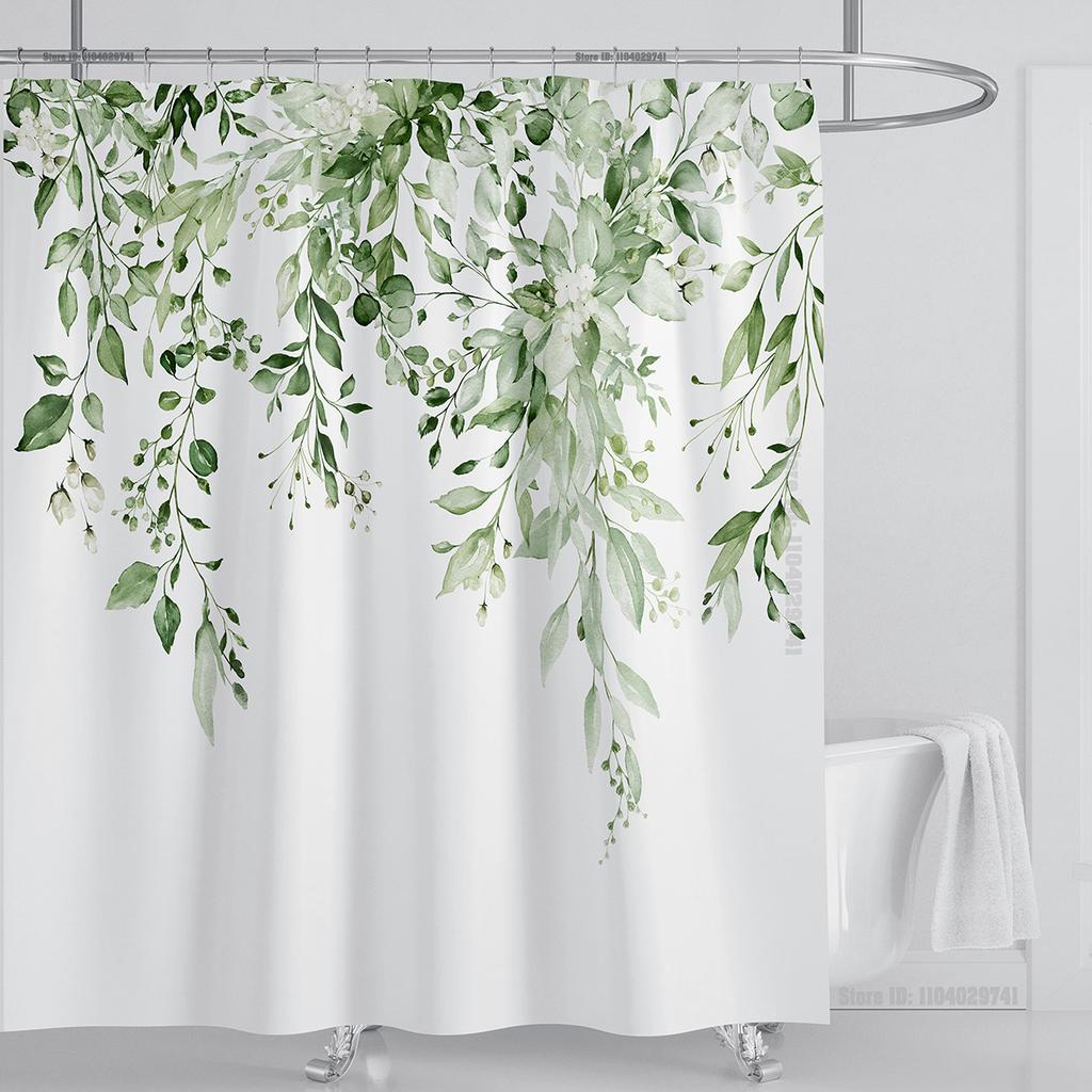 Emerald Green Eucalyptus Shower Curtain Fabric, Watercolor Plant Leaves with Floral Bathroom Shower Curtain Set with Hooks