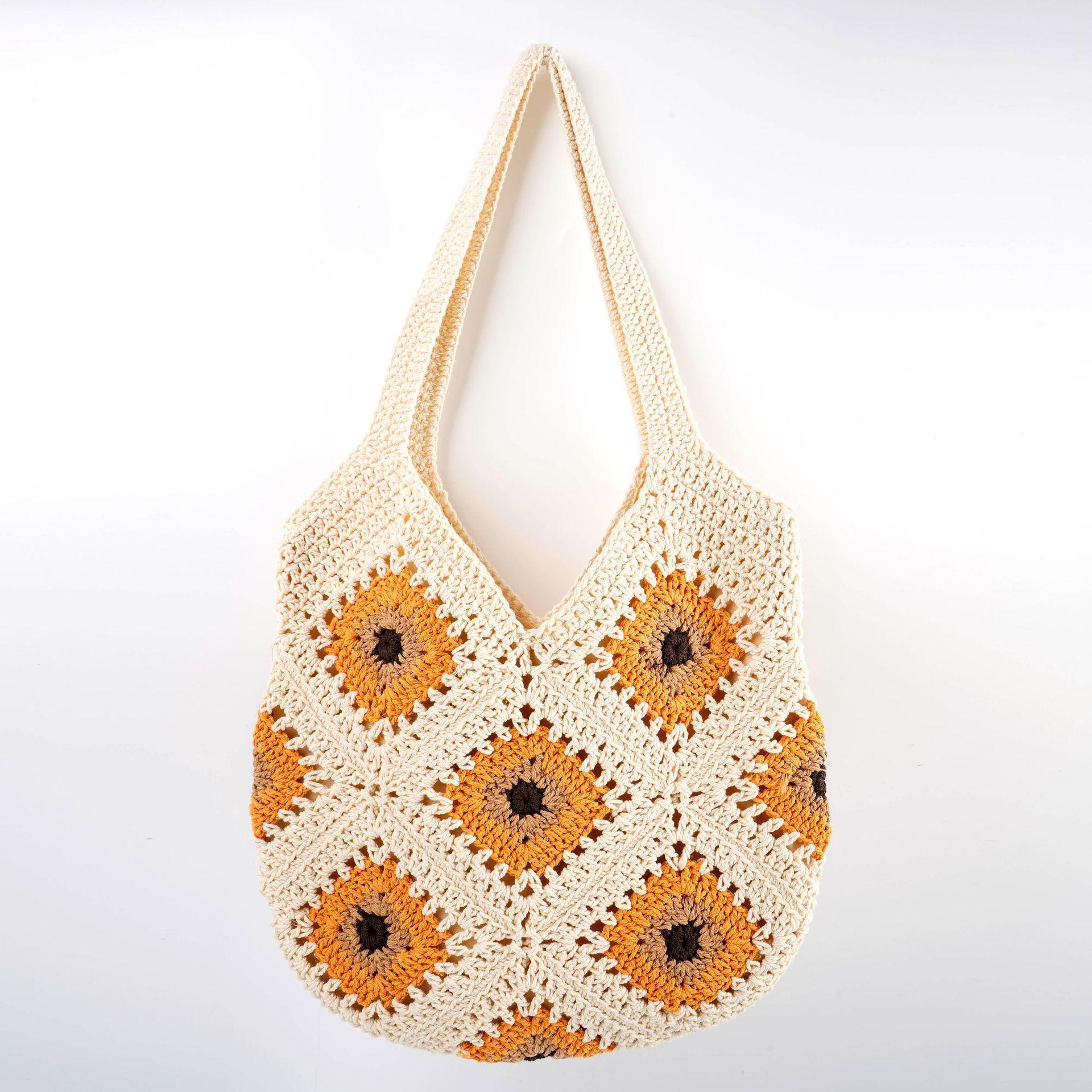 

Sunflower Diamond Cotton Rope Woven Tote – Handmade Color Block Shoulder Bag for Women оранжевый