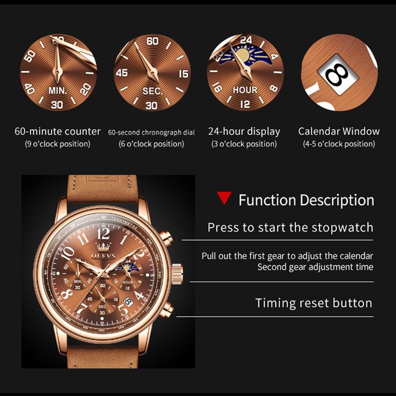 OLEVS Quartz Watch for Men Moon Phase Chronograph Auto Date Fashion Casual Suede Leather Strap Original Waterproof Watches