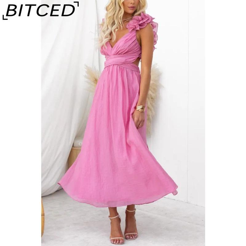 BITCED Women's Summer Sexy Sleeveless Solid-Color Tie-Waist Pleated Skirt Dress