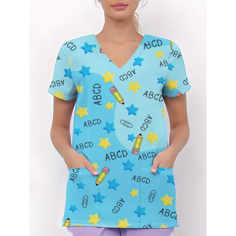 Womens V-Neck Short Sleeve Nursing Scrub Top With 3D Cartoon Print Comfortable Workwear Casual Medical Uniform