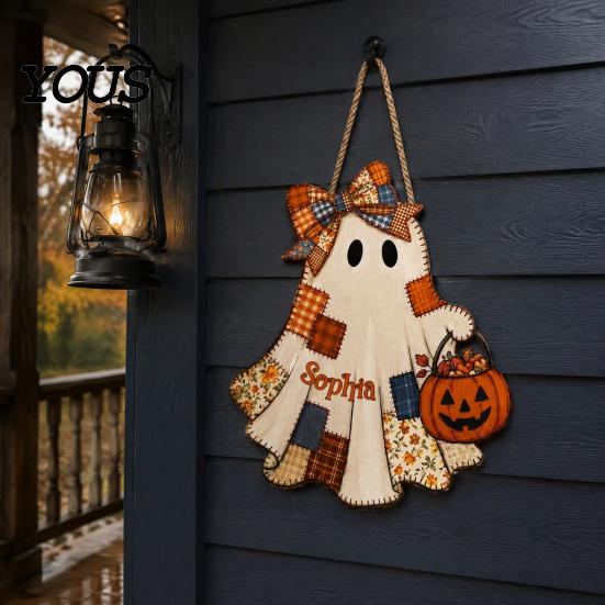 Seasonal Wall Hanging for Parties Halloween Wooden Patchwork Ghost Pendant, Vintage Autumn Harvest Sign, Cute Farmhouse Style Ornaments