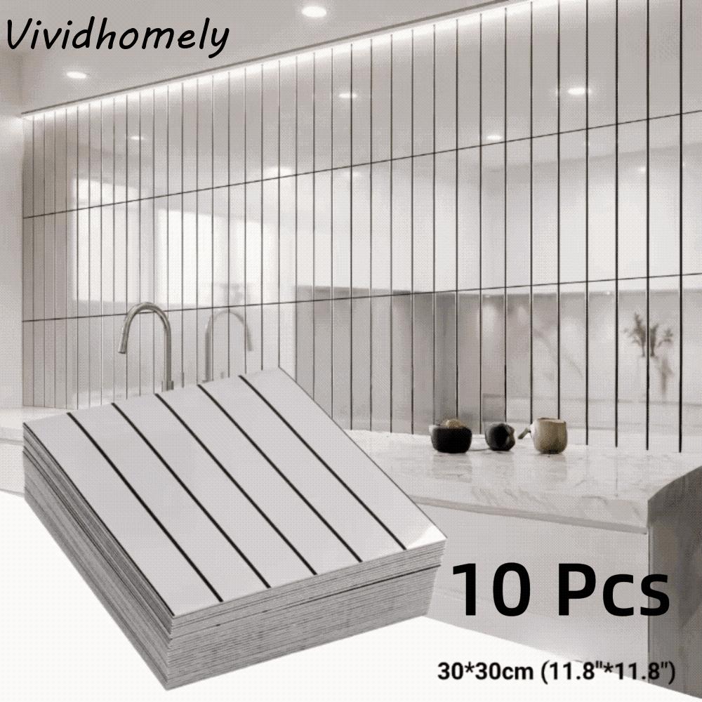 10PCS Self-Adhesive Faux Grille Mirror Wall Sticker Stripe Pattern Waterproof Mirror Wallpaper Square Shining Surface