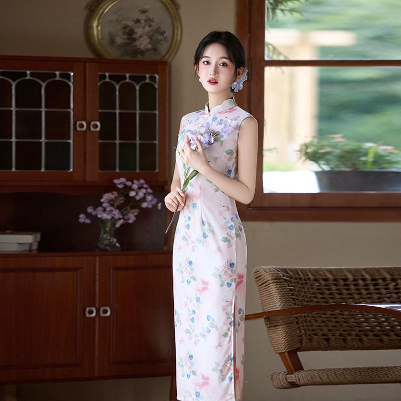 Pink sleeveless national style new Chinese daily Suzhou long cheongsam improved young 1011 new women's high sense