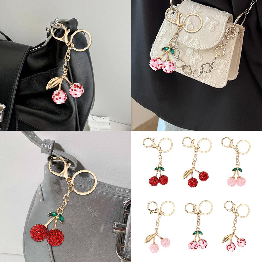 Elegant Rhinestones Cherry Bag Pendant Crystal Studded Fruit Shaped Key Ring Fashionable Handbag Charm Accessories