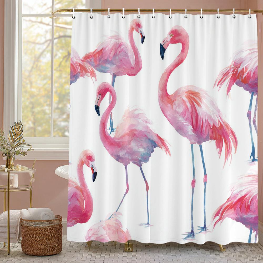 Flamingo Shower Curtain, Floral Botanical Tropical Plant Art Deco Bathroom Decorative Shower Curtain, Print Curtain with Hooks