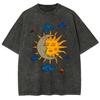 Mens Moon and Sun Printed Tshirt Oversized Short Sleeved Retro Washed Shirt Summer Top