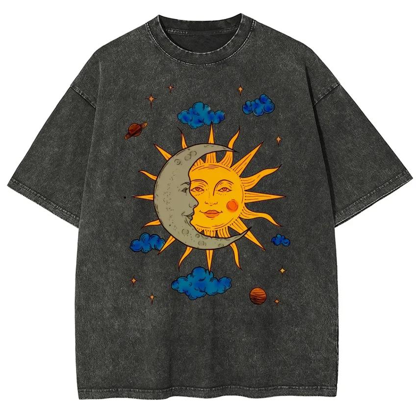Mens Moon and Sun Printed Tshirt Oversized Short Sleeved Retro Washed Shirt Summer Top