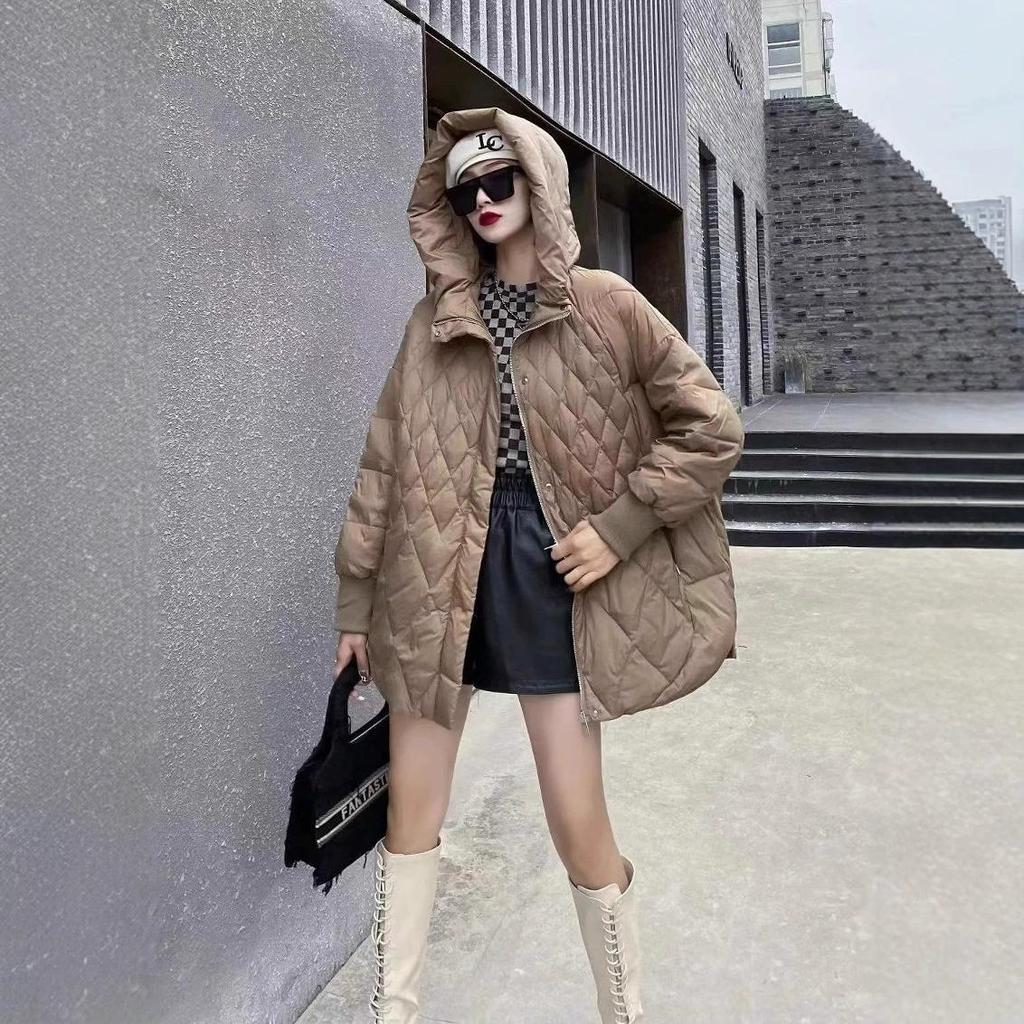 Herbst und Winter Damen Daunenjacke Übergröße Kurzer Mantel Locker Warm Lässig Oberbekleidung Top Kapuze Rautenmuster Weiße Entendaunenjacke
