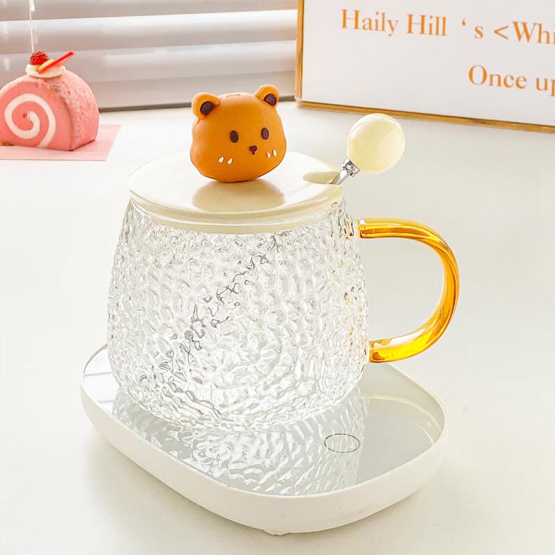 Cute Waving Bear Lid Ceramic Mug with Warming Pad