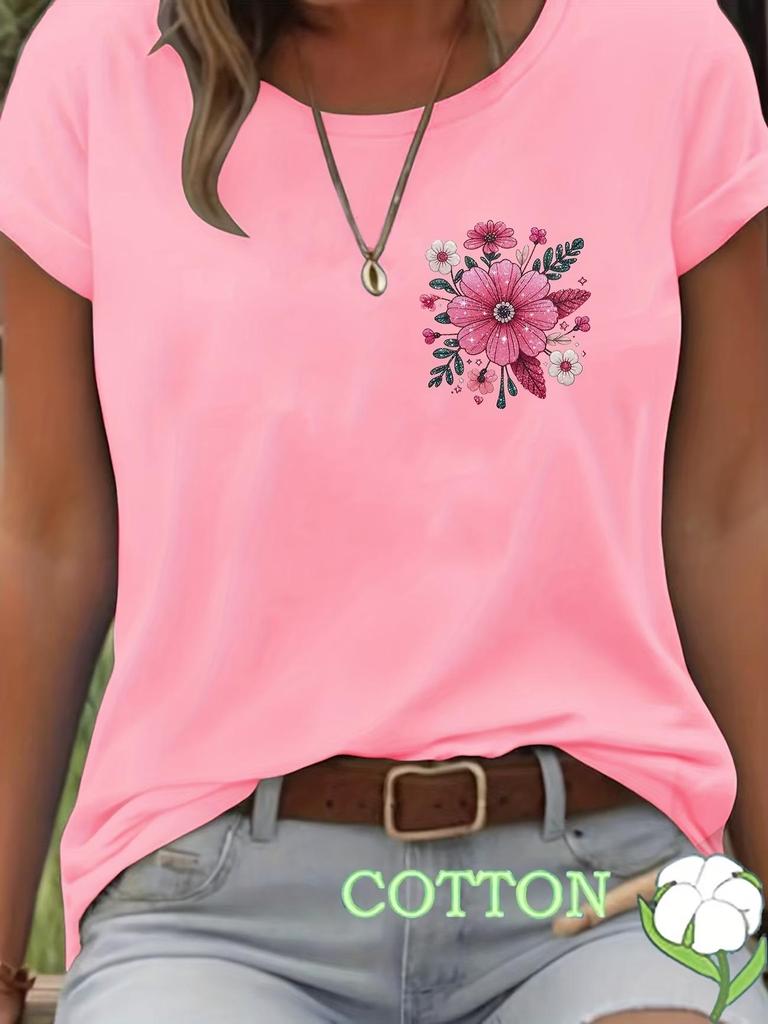2026 Colorful Floral Round Neck Short Sleeve Casual Pure Cotton T-shirt